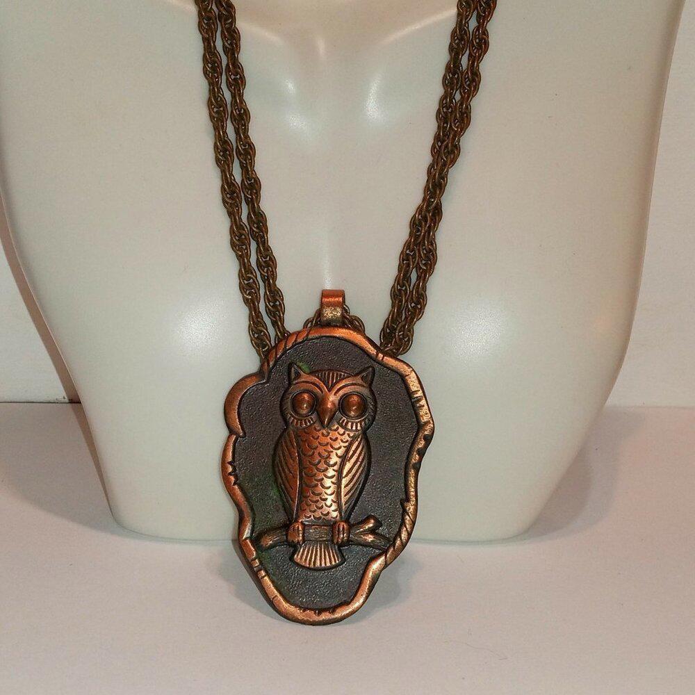 Vintage Charming Solid Copper Bell Trading Owl Pendant and Chain