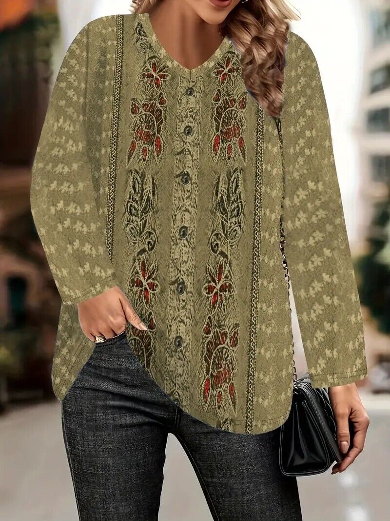 NEW Boho Style Plant Print T-Shirt Top, Sizes 3x,4x, 5x