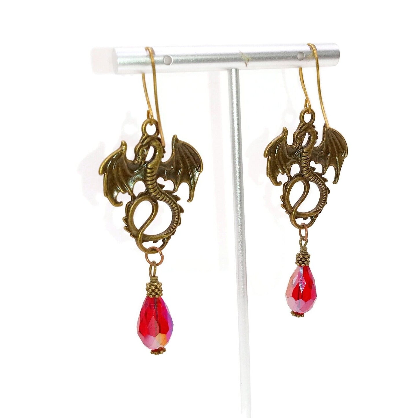 Unique Handcrafted Brass Dragon Earrings with Red Crystals