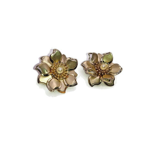 Metal Flower Clip on Earrings with Pearl Center