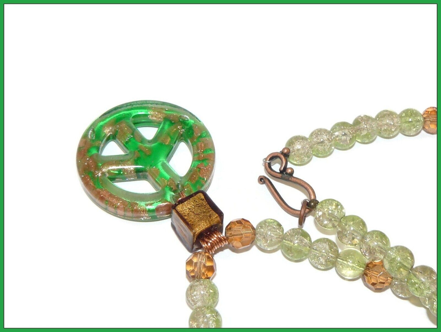 Green Glass Peace Sign Pendant Necklace