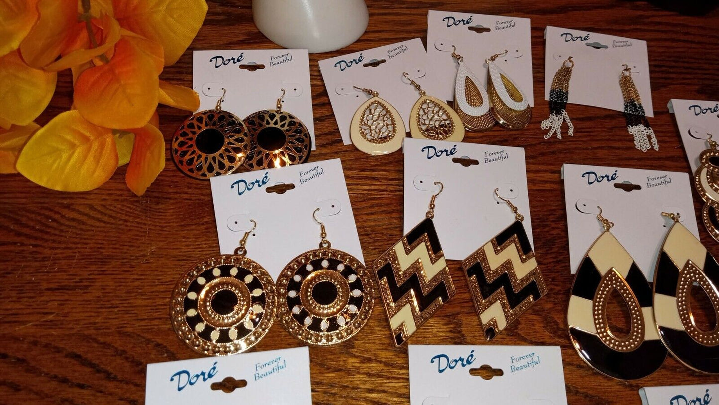 One Dozen (12) Pair Beautiful Gold Plated metal and Enamel Earrings