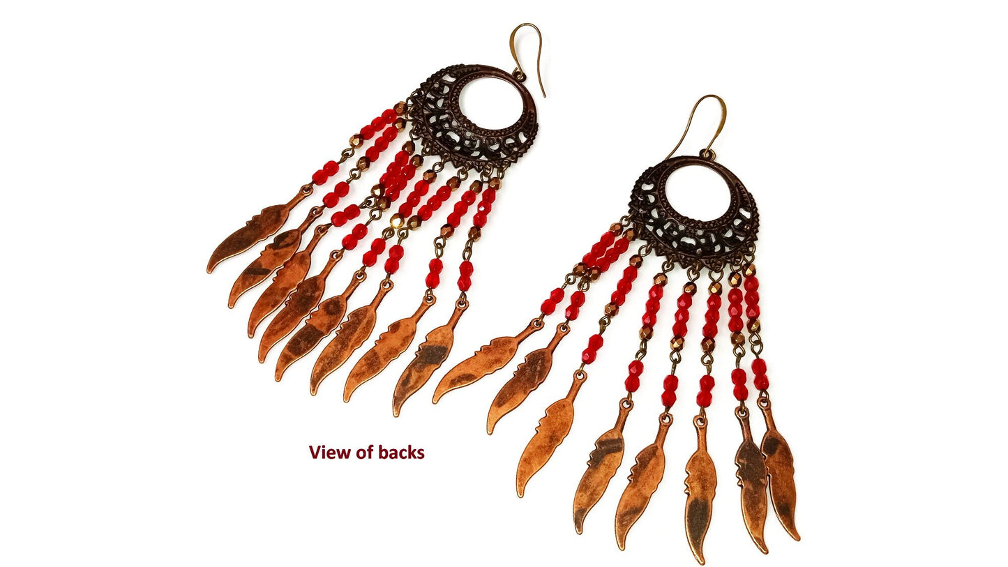 Large Long Red Chandelier Earrings