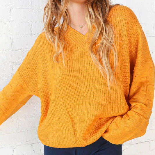New Mustard V Neck Chunky Textured Bubble Sleeve Sweater 3x