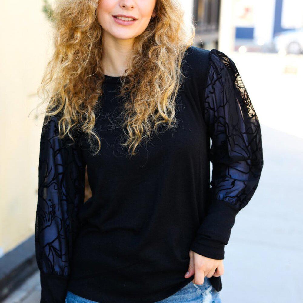 New Black Floral Mesh Bubble Sleeve Top - 1x, 2x, 3x