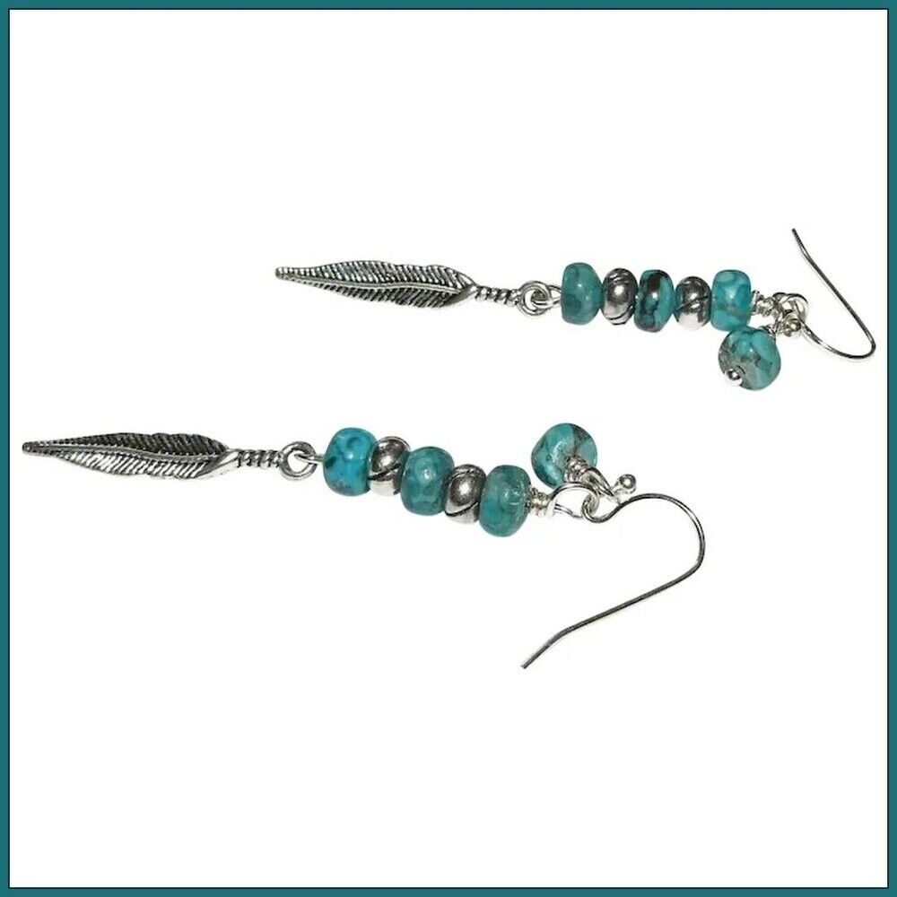 Genuine Turquoise Long Beaded Earrings with Feather