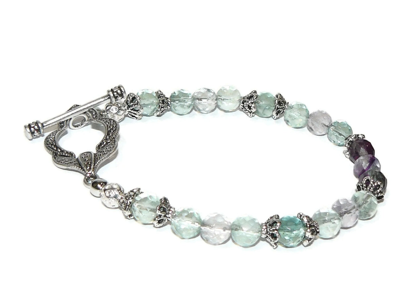 Semi Precious Fluorite Bead Bracelet with Fancy Silver Plated Clasp