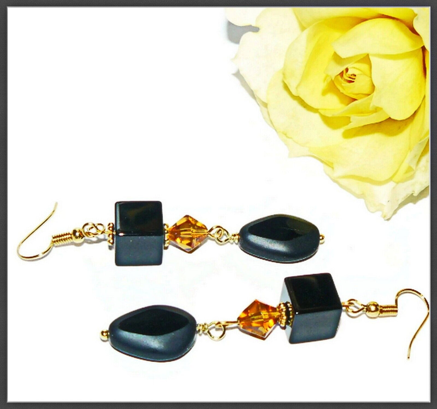 Black Beaded Earrings, Elegant Earrings, Black and Gold Color Earrings