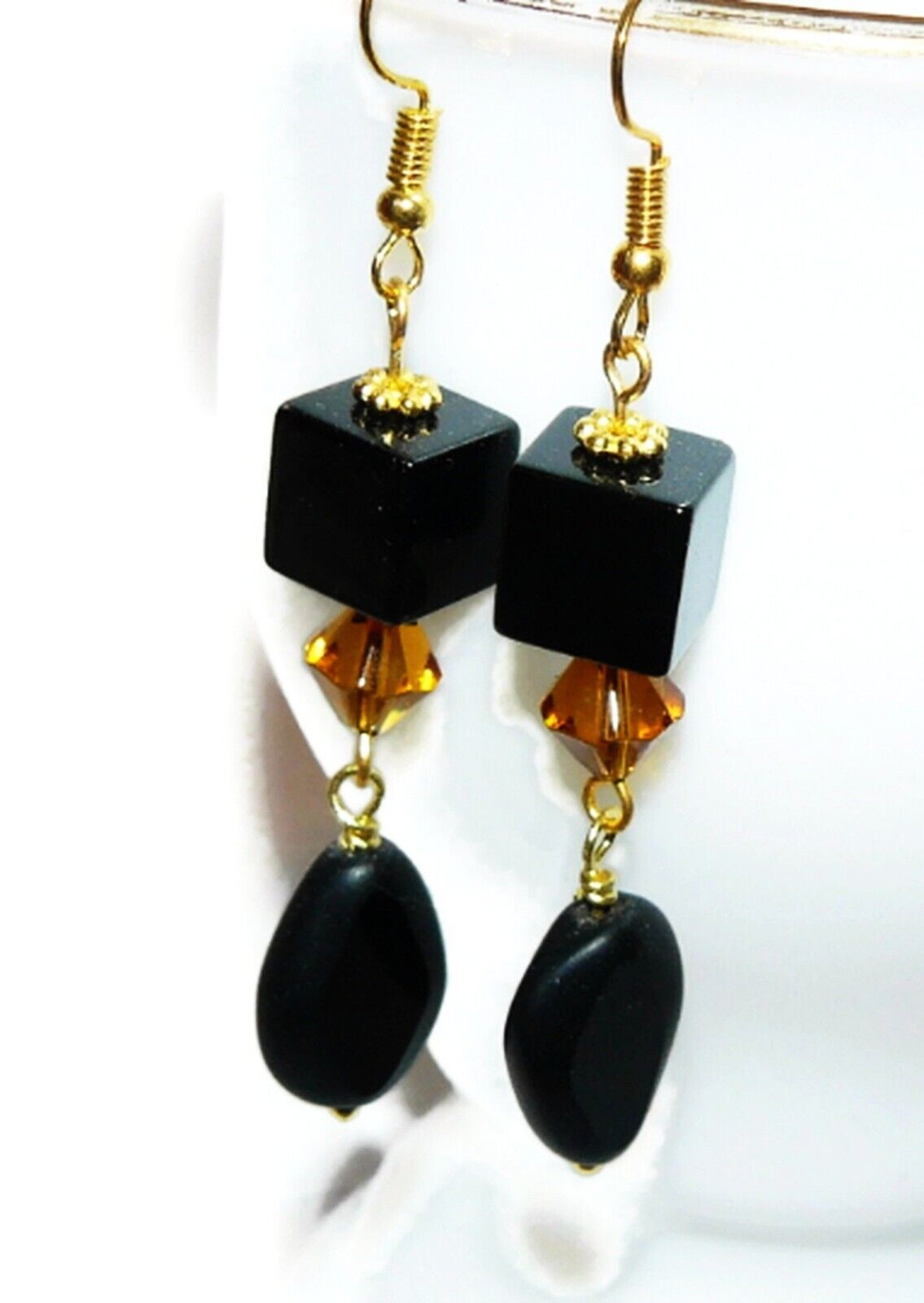 Black Beaded Earrings, Elegant Earrings, Black and Gold Color Earrings