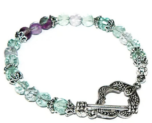 Semi Precious Fluorite Bead Bracelet with Fancy Silver Plated Clasp