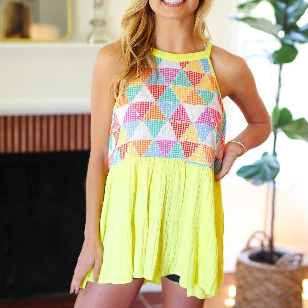 Haptics Yellow Geometric Knit Babydoll Top 3X