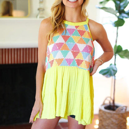 Haptics Yellow Geometric Knit Babydoll Top 3X