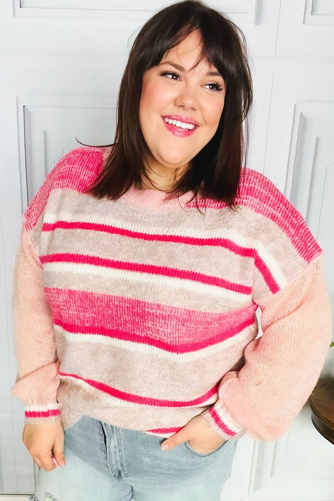 New Pink & Coral Striped Knit Sweater Sizes 2x & 3x
