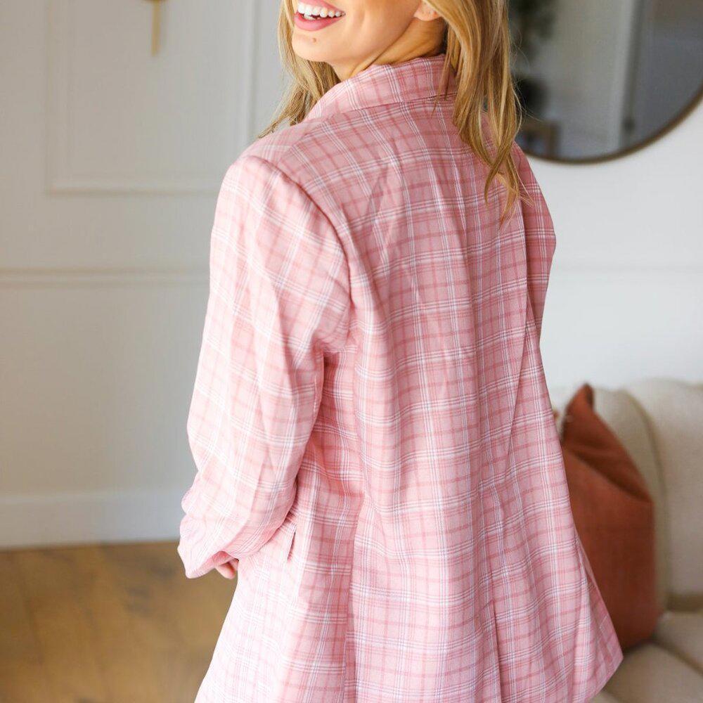 New -Pink Plaid Double Breasted Collar Lapel Blazer  3x