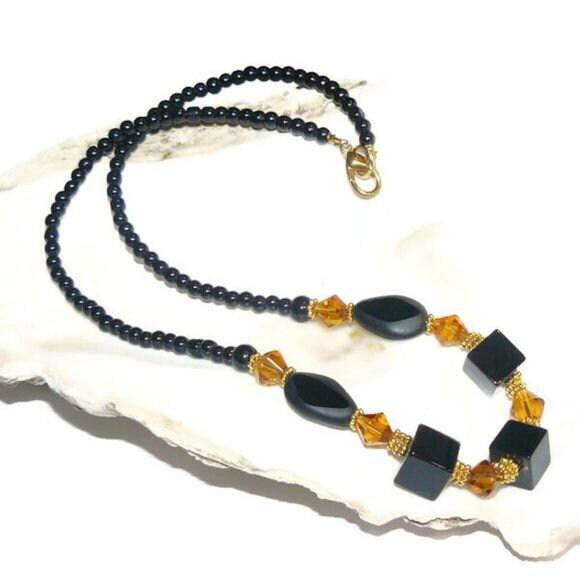 Square Black Beads And Yellow Beaded Necklace