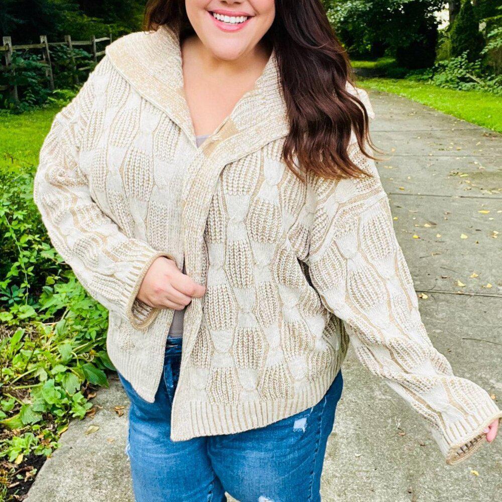 New Autumn Vibes Taupe Textured Cable Knit Collared Cardigan ~~Sizes 1x,2x,3x