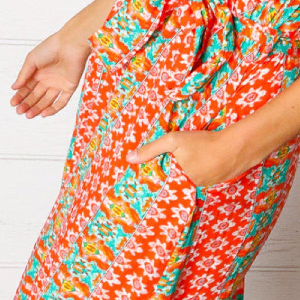 New Orange Boho Print Surplice Sash Belt Midi Dress - 3X