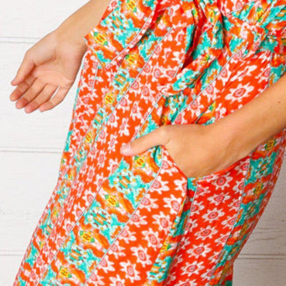 New Orange Boho Print Surplice Sash Belt Midi Dress - 3X