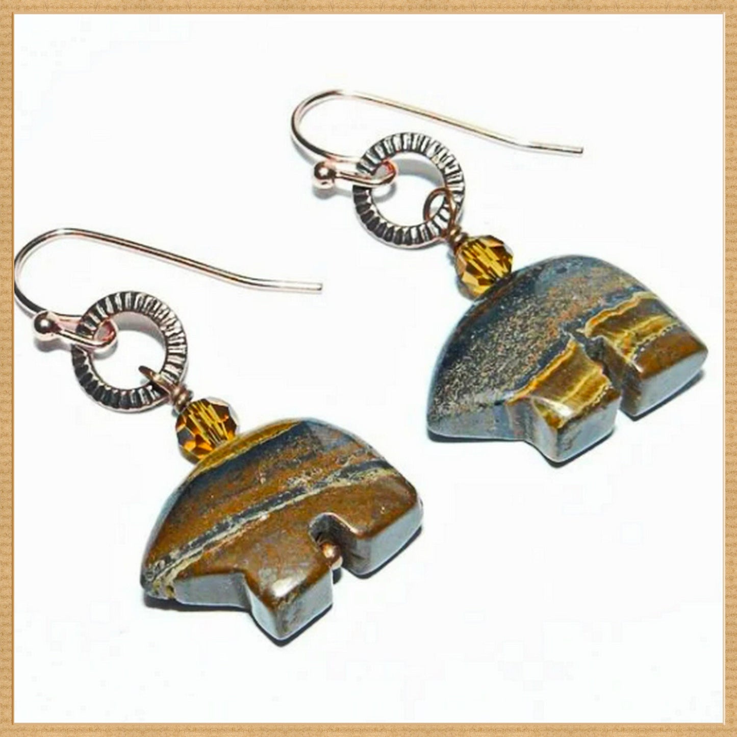 Tiger Iron and Copper Handcrafted Bear Shape Earrings