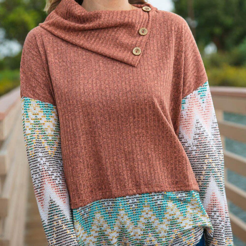 Two Tone Chevron Pattern Oversized Knit Turtleneck -Sizes: 2x, 3x