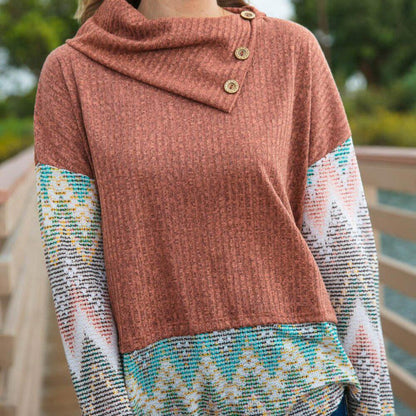 Two Tone Chevron Pattern Oversized Knit Turtleneck -Sizes: 2x, 3x