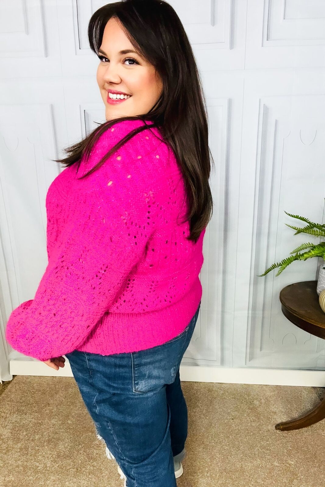 New -Pretty In Pink Button Down Pointelle Knit Cardigan Sizes 1x, 2x, 3x