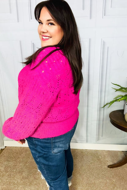 New -Pretty In Pink Button Down Pointelle Knit Cardigan Sizes 1x, 2x, 3x