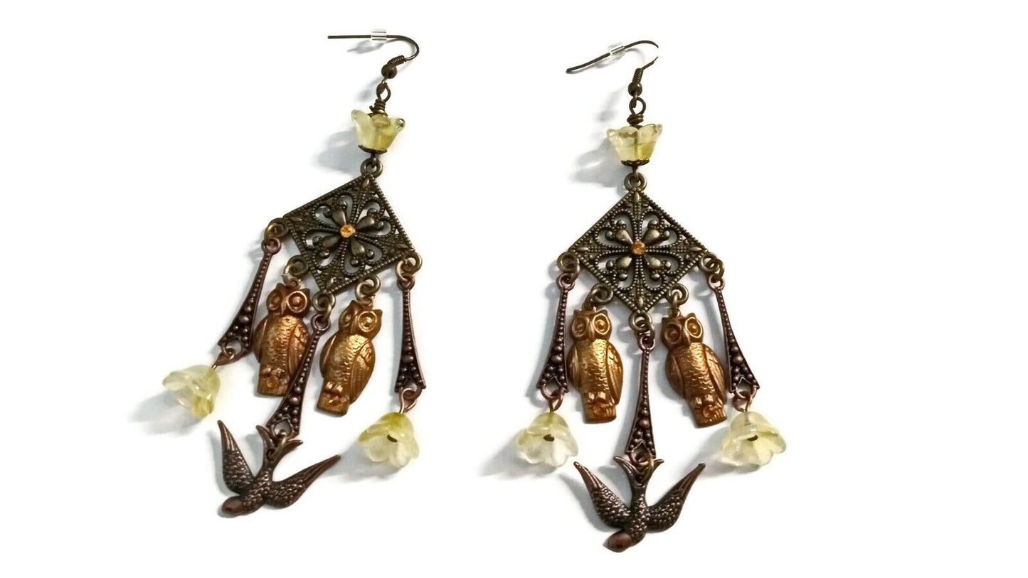 Bird and Owls Earrings, Chandelier Earrings