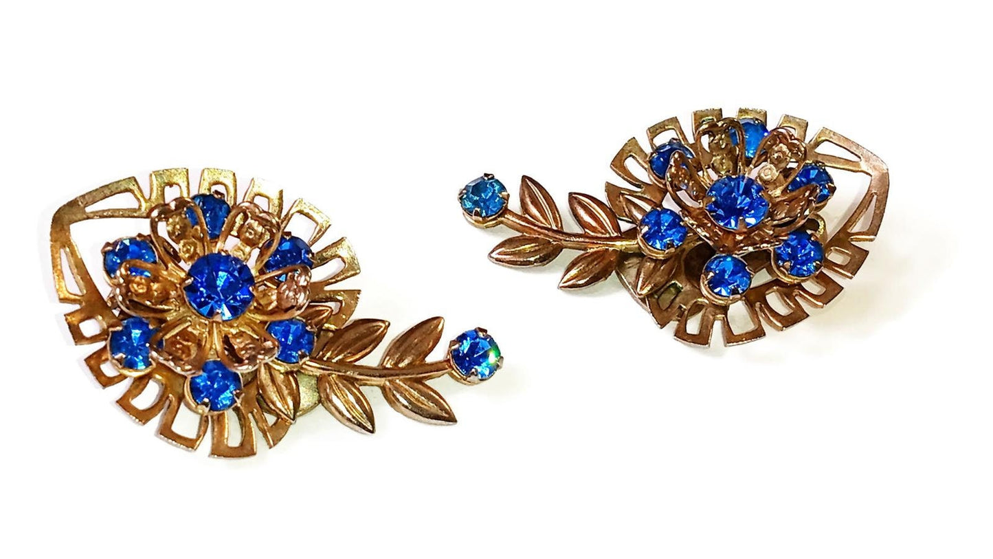 Deep Blue Floral Shaped Rhinestone Clip on Earrings