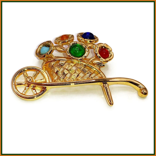 Colorful Flowers Wheelbarrow Brooch, Garden Brooch