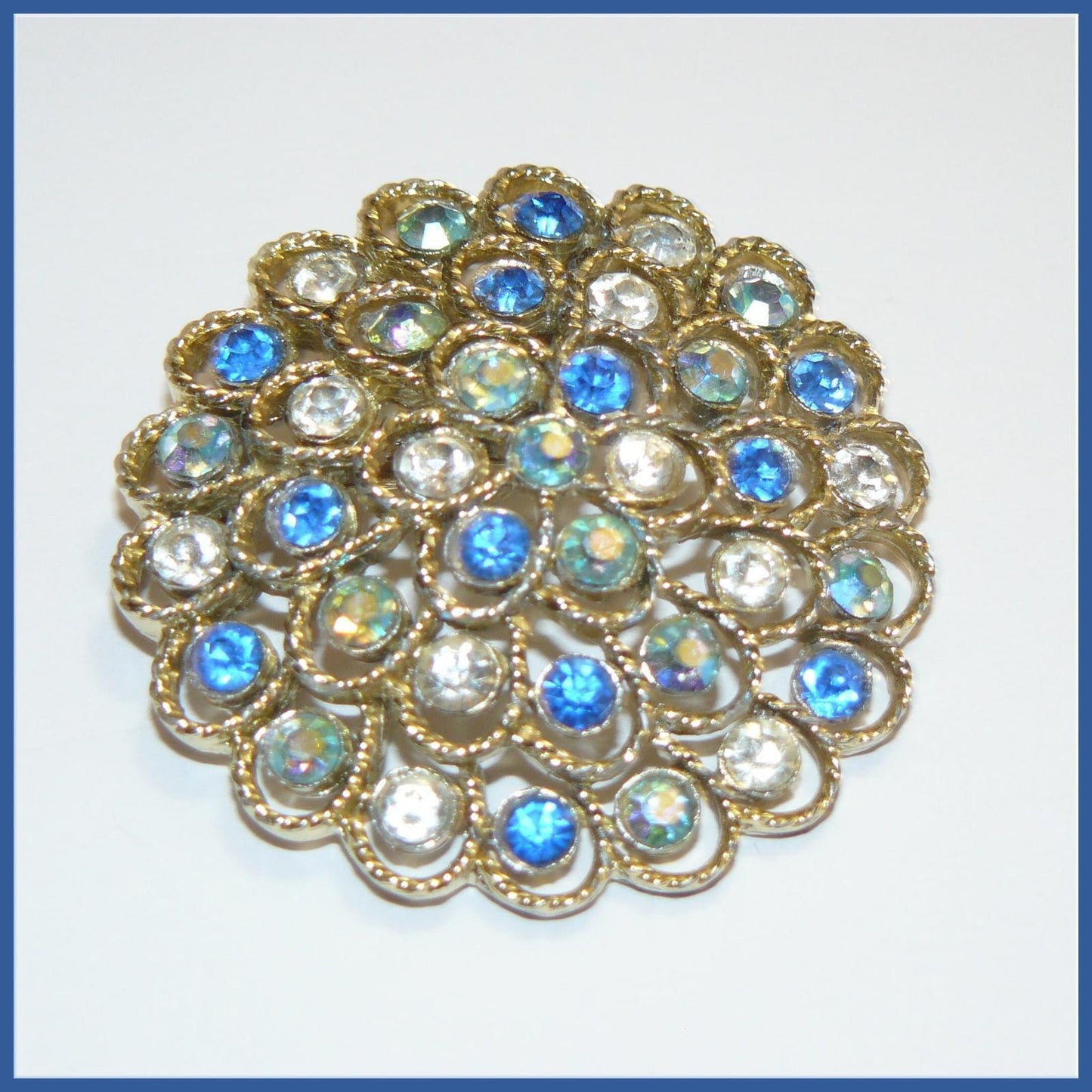 Blue and White Rhinestone Brooch