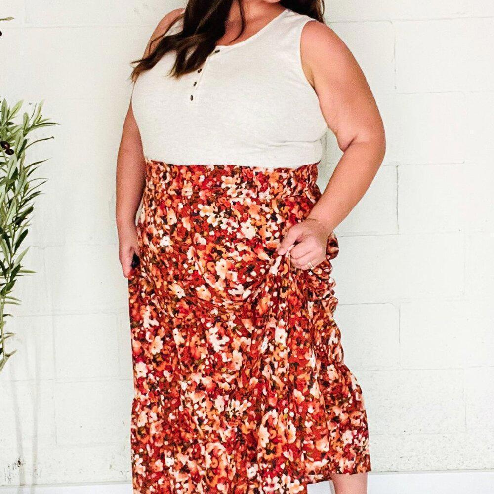 NWT Floral Smocked Waist Tiered Design Midi Skirt 1X, 3x