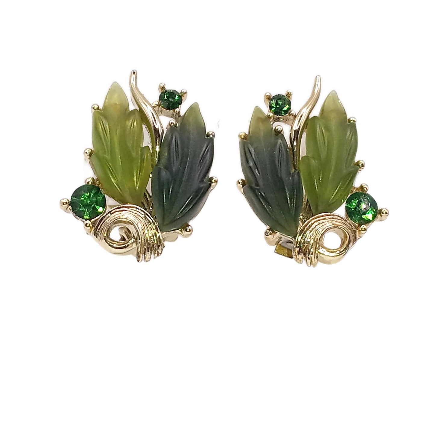 1960s Signed LISNER Green Molded Lucite & Rhinestone Leaf Clip Earrings