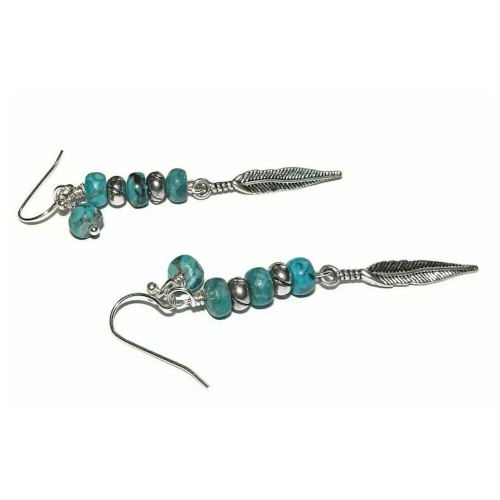 Genuine Turquoise Long Beaded Earrings with Feather