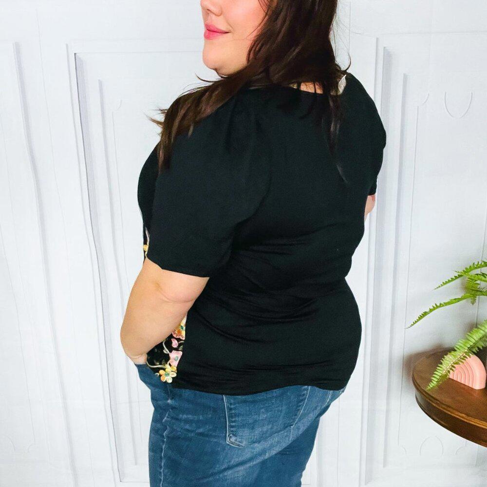 NWT Black Floral Embroidery and Lace Smocked Top 3x