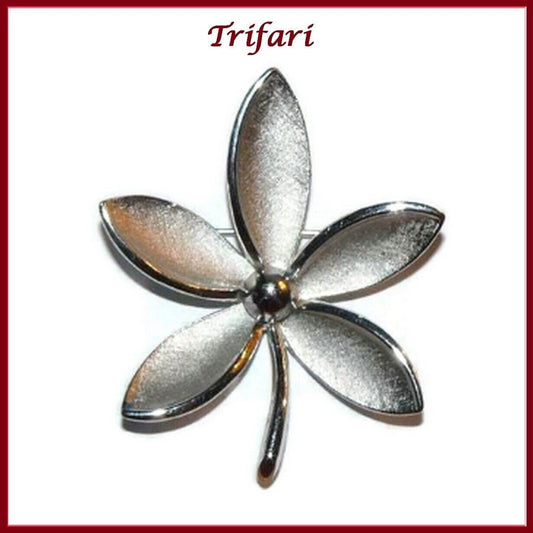 Vintage Trifari Brushed Silver Tone Flower Brooch