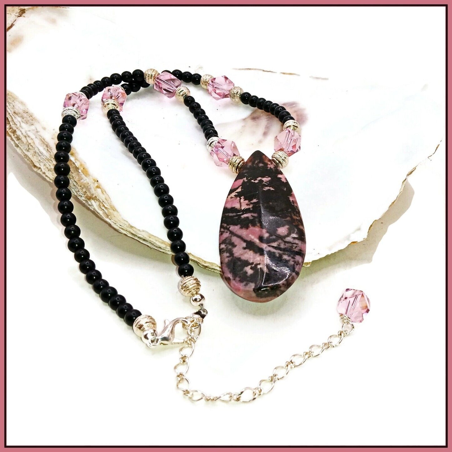 Genuine Rhodonite Pendant Necklace With Matching Earrings-094446402
