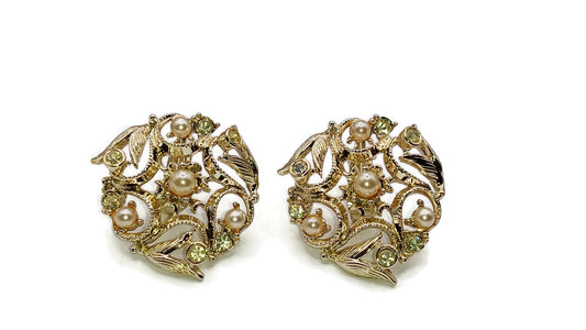 Rhinestone and Pearl Earrings, Clear Rhinestones and Pearls Signed Sarah Cov Clip Earrings