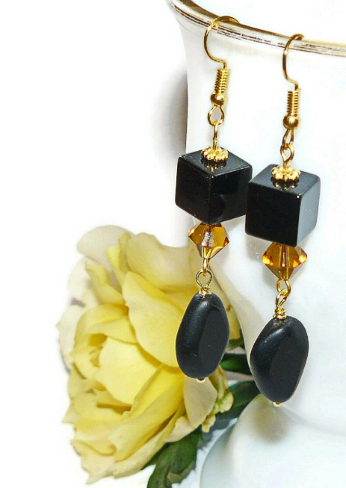 Black Beaded Earrings, Elegant Earrings, Black and Gold Color Earrings