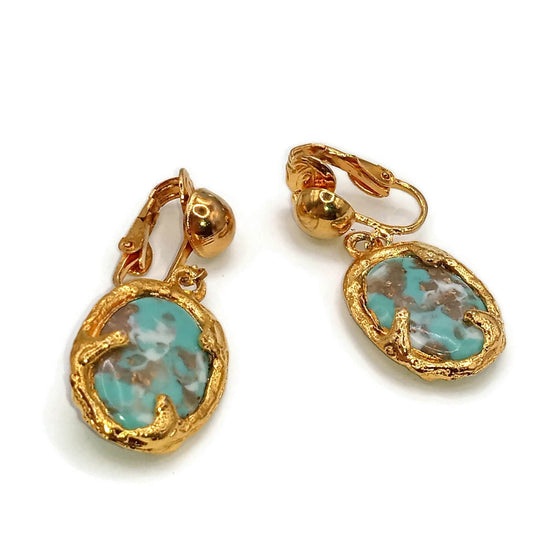 Unique Blue and Gold Tone Clip on Earrings