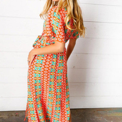 New Orange Boho Print Surplice Sash Belt Midi Dress - 3X