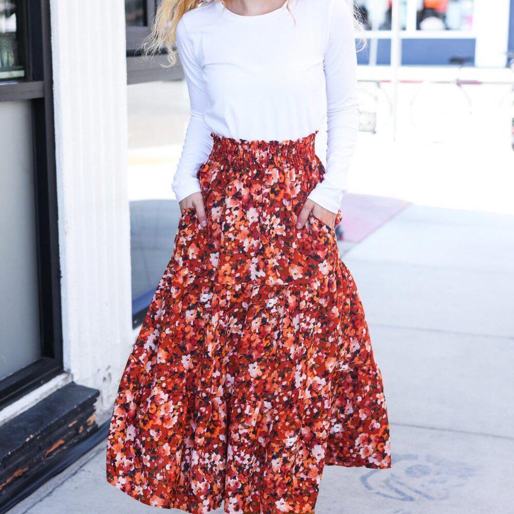 NWT Floral Smocked Waist Tiered Design Midi Skirt 1X, 3x