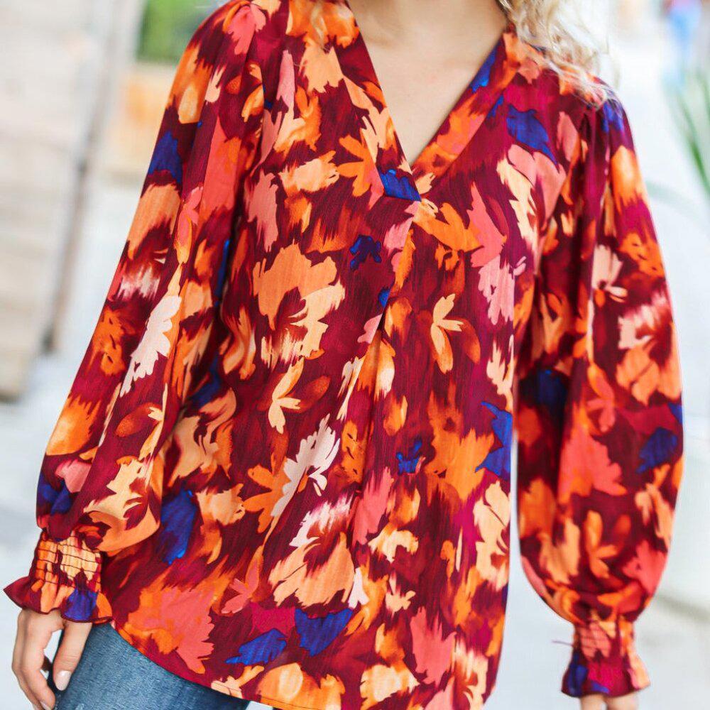 New Burgundy Floral Abstract Print V Neck Smocked Top 3X
