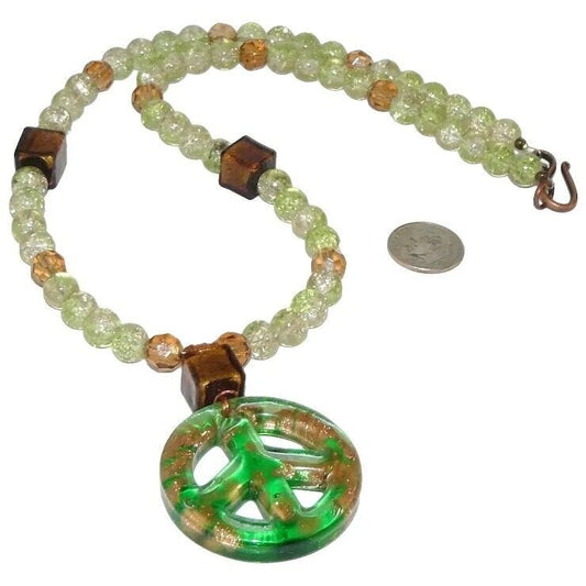 Green Glass Peace Sign Pendant Necklace