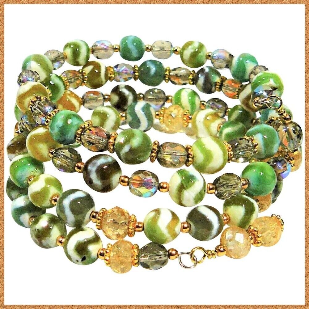 Tibetan Beads with Citrine Gold Plated Spacers Memory Wire Bracelet
