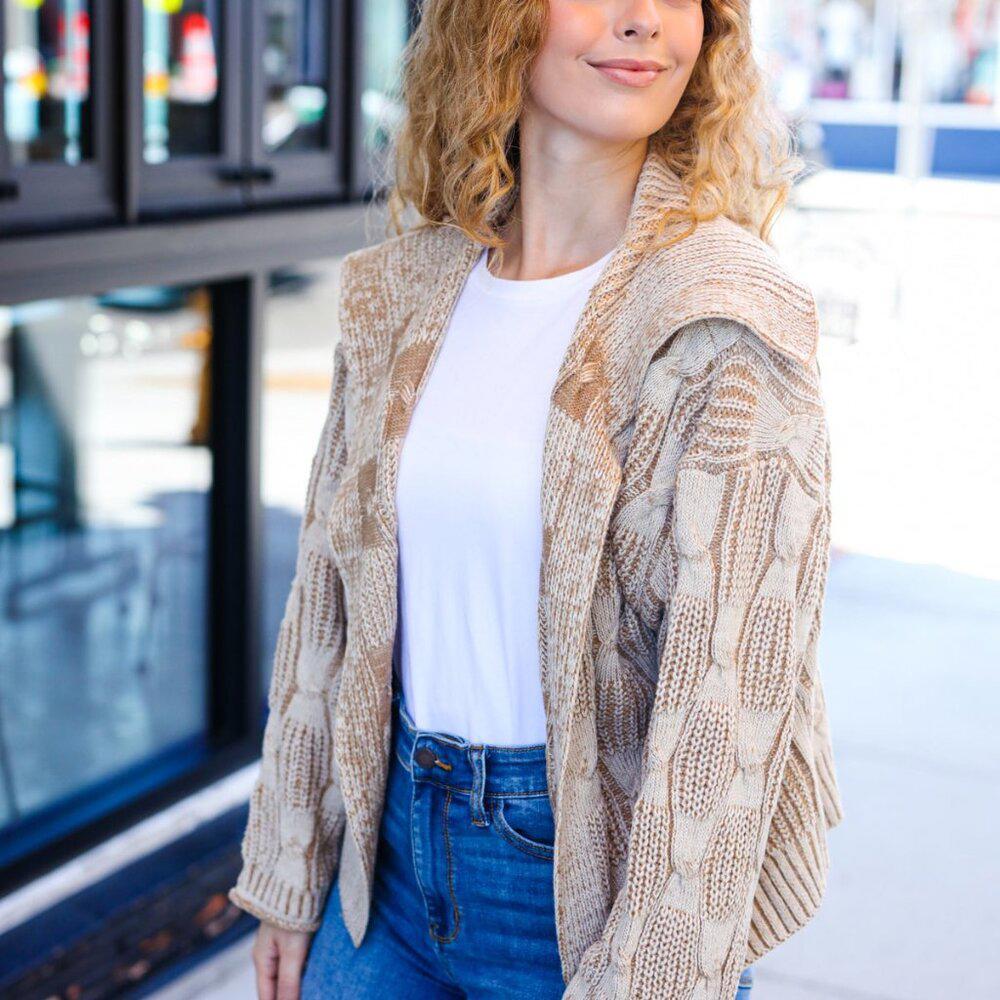 New Autumn Vibes Taupe Textured Cable Knit Collared Cardigan ~~Sizes 1x,2x,3x