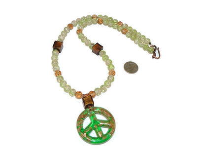 Green Glass Peace Sign Pendant Necklace