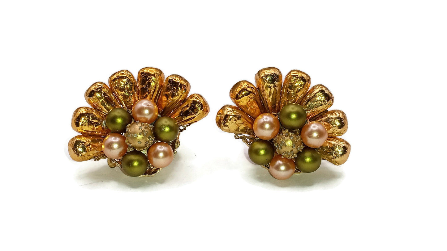 Colorful Fan Shaped Beaded Earrings, Japan