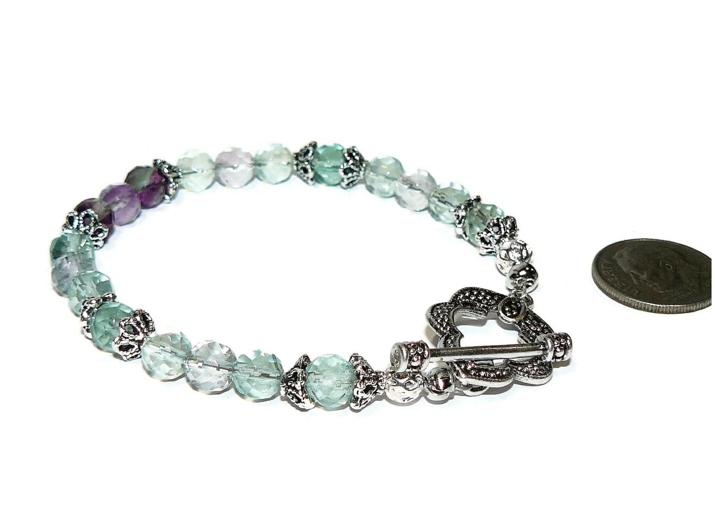 Semi Precious Fluorite Bead Bracelet with Fancy Silver Plated Clasp