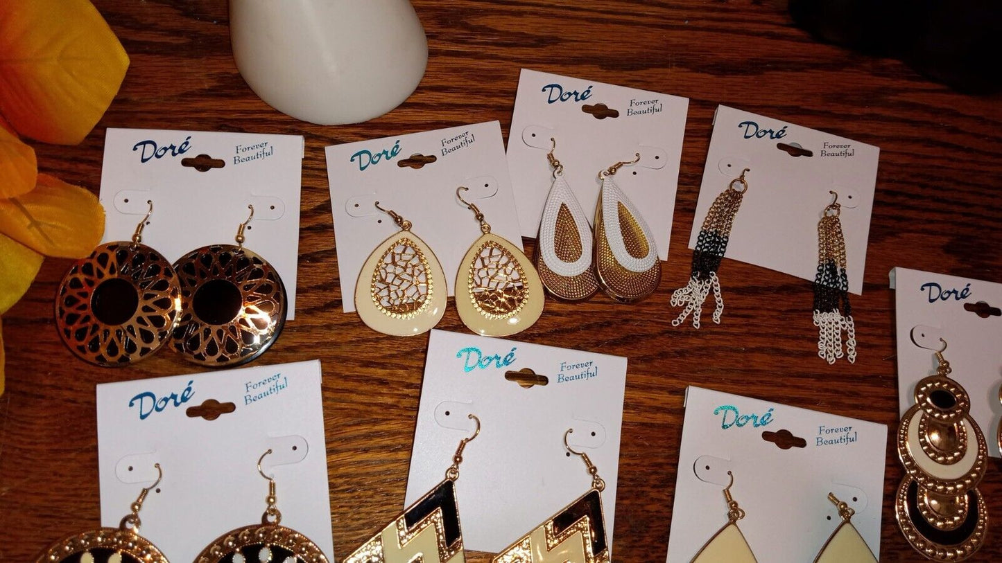 One Dozen (12) Pair Beautiful Gold Plated metal and Enamel Earrings